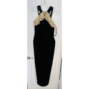 NWT's Scott McClintock Women's Sz 10 Black Velvet Gold Lace Maxi Gown Formal VTG
